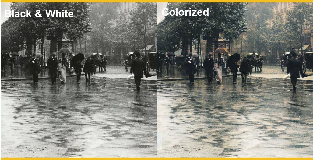 Vintage photo in black and white (left) and colorized (right)