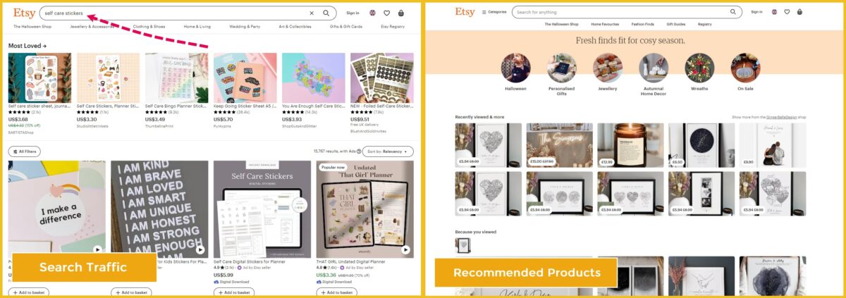 Etsy search engine results + homepage